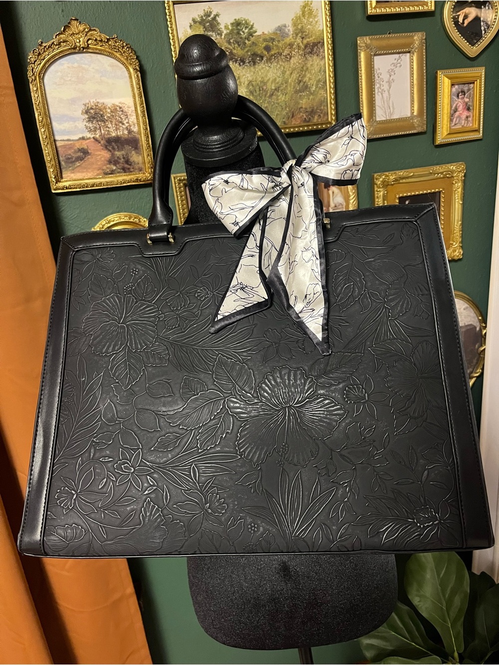 Nubily Elegant Black Floral-Embossed Tote Bag with Scarf